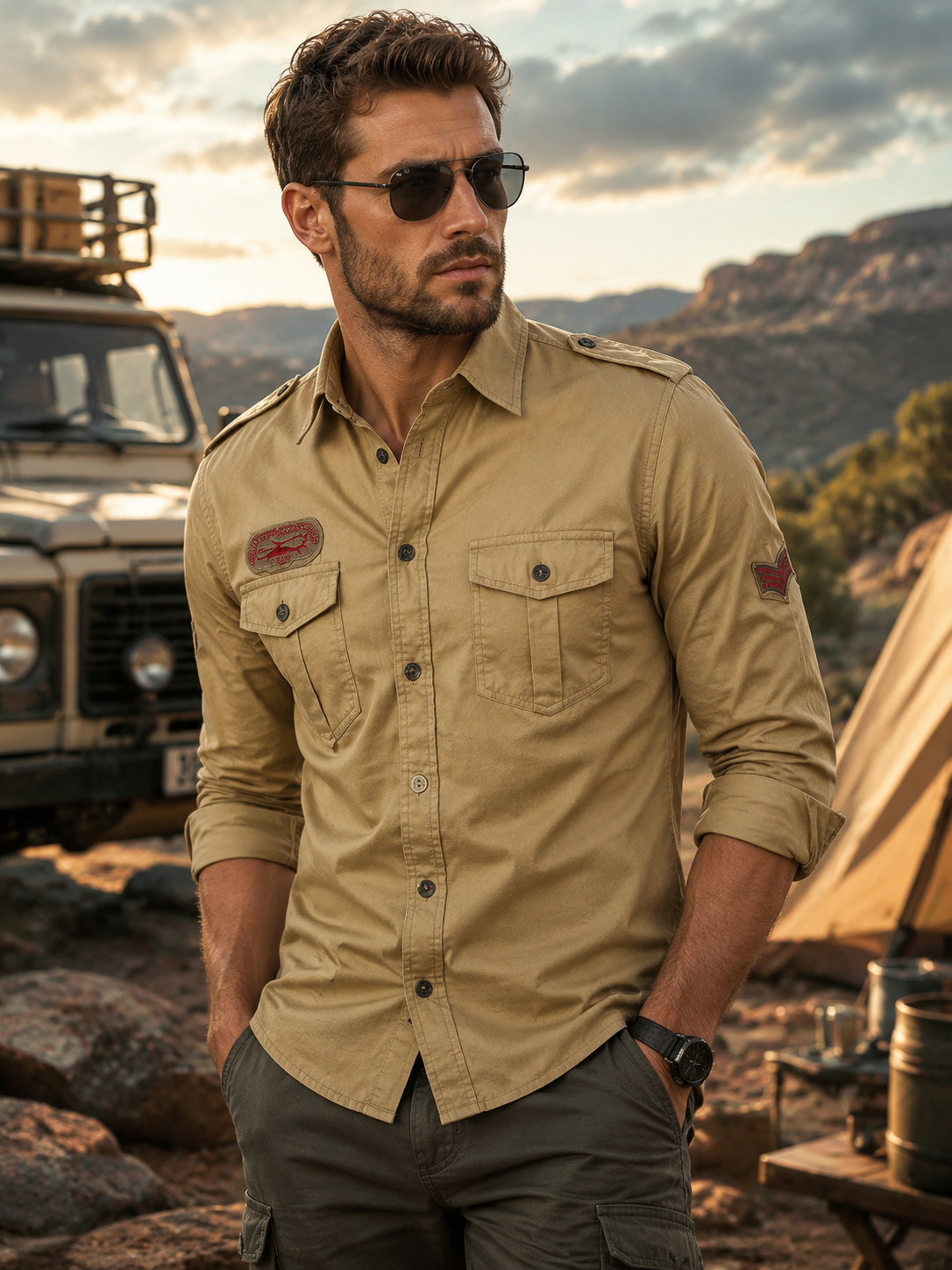 Men's Vintage Solid Color Epaulets Embroidery Patches Button Chest Pockets Long Sleeve Outdoor Shirt