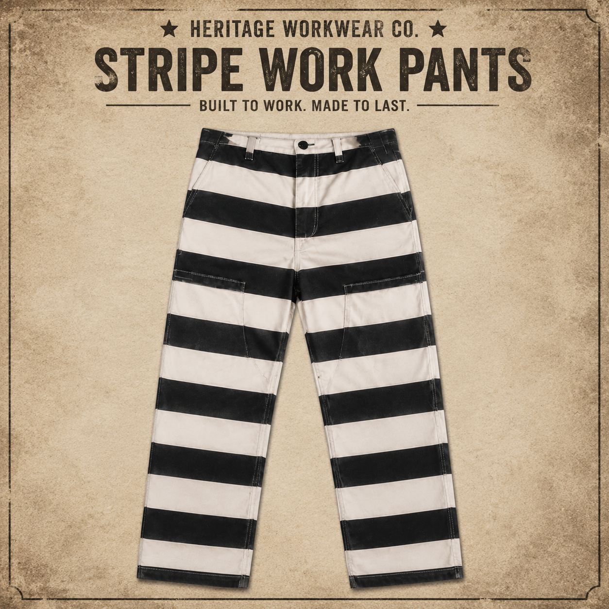 Men's Heavyweight Canvas Prisoner Stripe Pants Vintage Chopper Biker Trousers