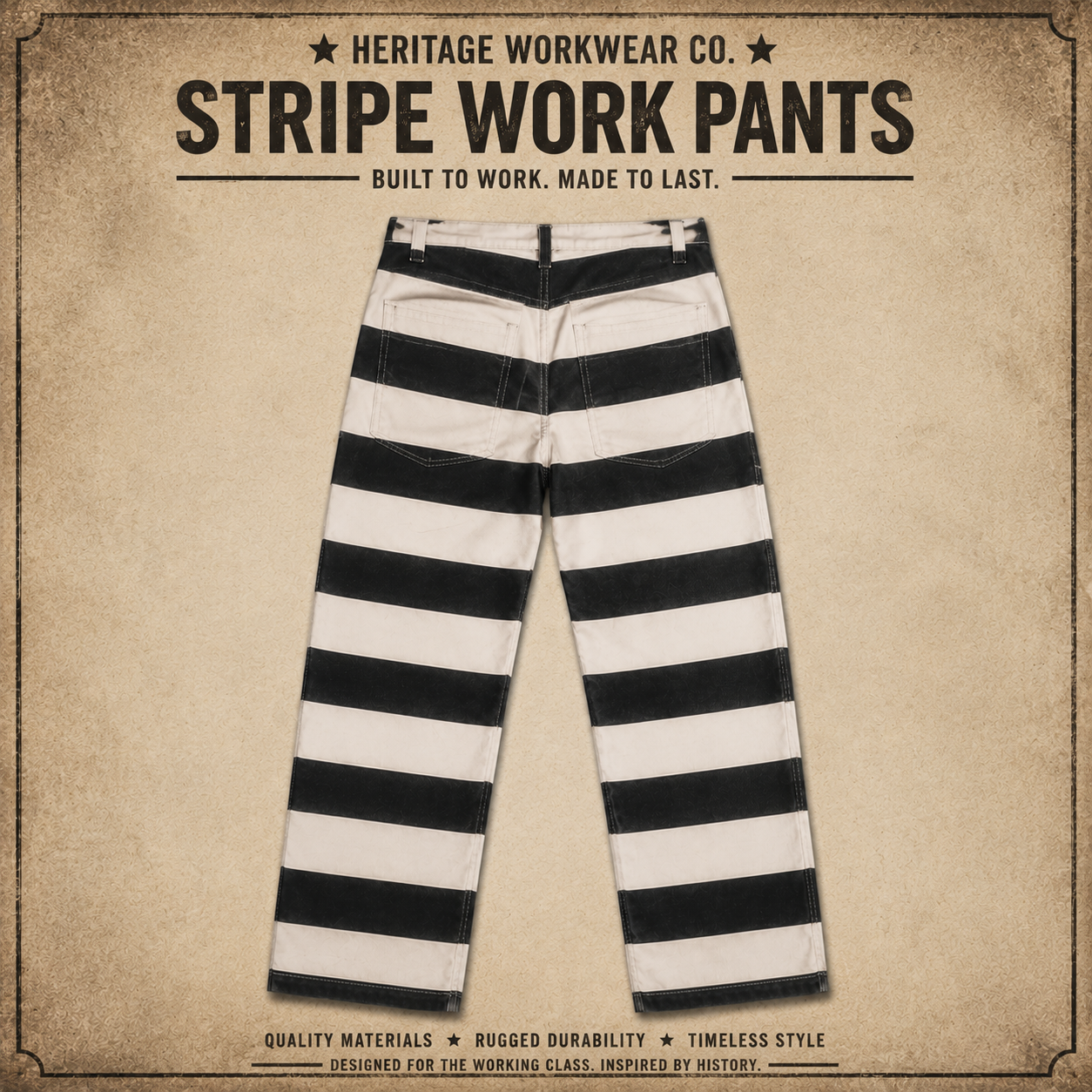Men's Heavyweight Canvas Prisoner Stripe Pants Vintage Chopper Biker Trousers