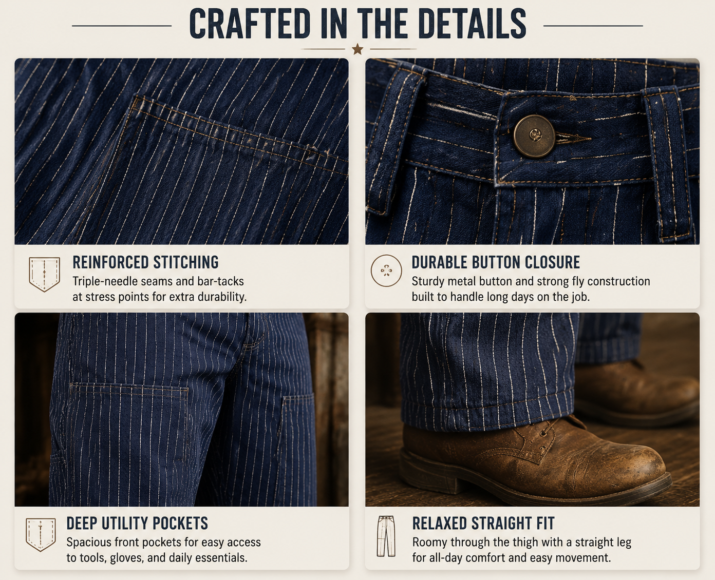 Men's Vintage Wabash Stripe Work Pants Relaxed Straight Railroad Trousers