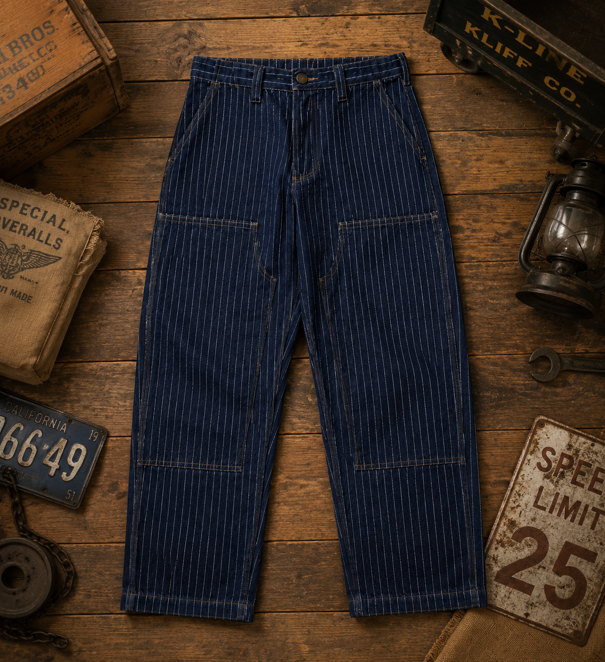 Men's Vintage Wabash Stripe Work Pants Relaxed Straight Railroad Trousers