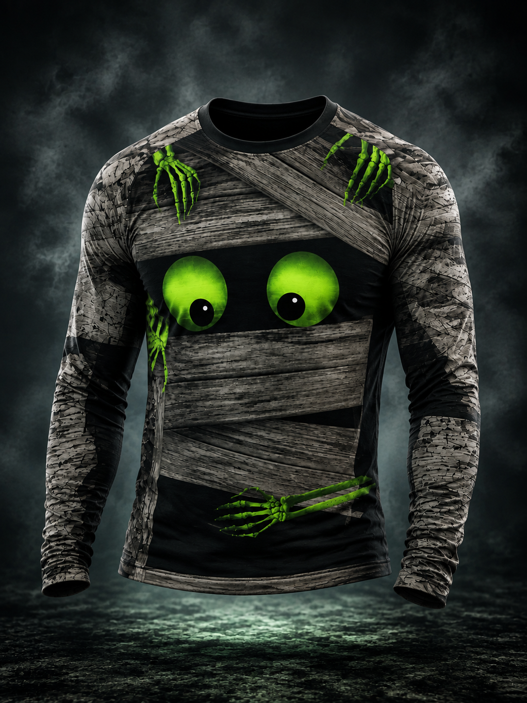 Men's Fun Peeking Skeleton Hands Wood Board Print Lightweight Thermal Long Sleeve T-Shirt