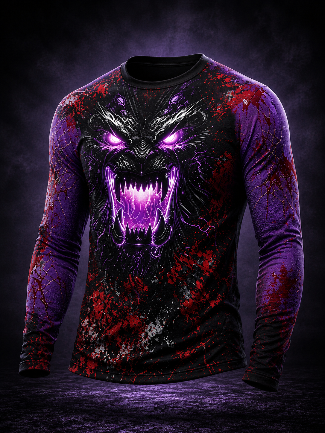 Men's Dark Horror Neon Lycanthrope Print Lightweight Thermal Long Sleeve T-Shirt