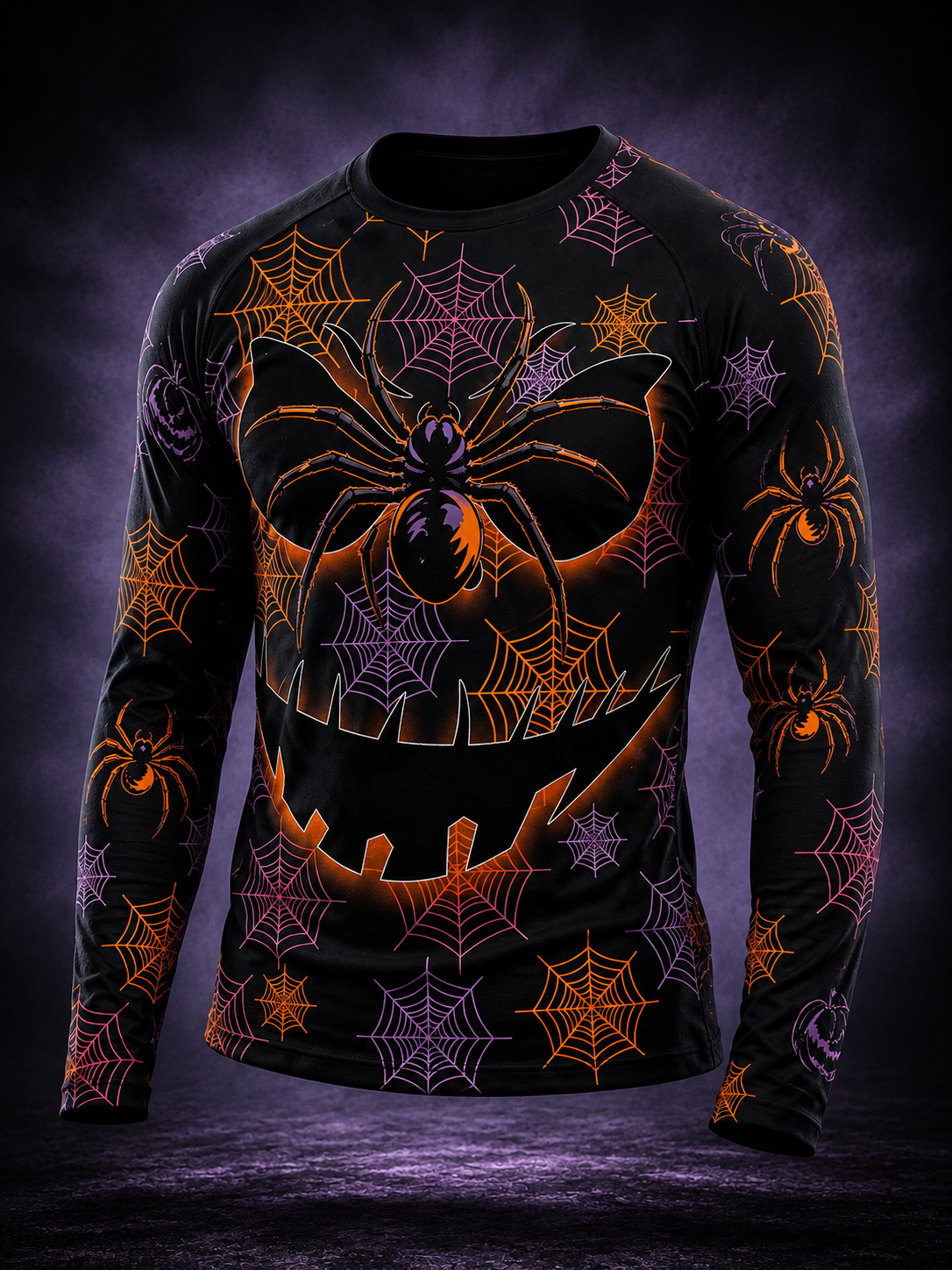 Men's Halloween Spiderweb Jack-O'-Lantern Print Lightweight Thermal Long Sleeve T-Shirt