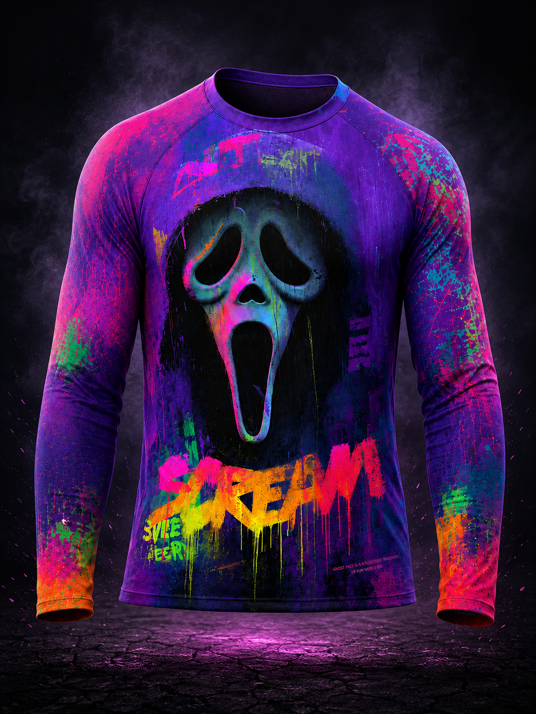 Men's Neon Psychedelic Ghostface Scream Mask Graffiti Art Print Lightweight Thermal Long Sleeve T-Shirt