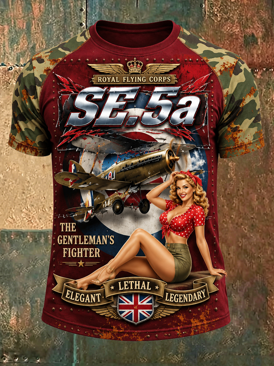 Men's Pin Up Girl Aircraft Camouflage Print Crewneck T-Shirt