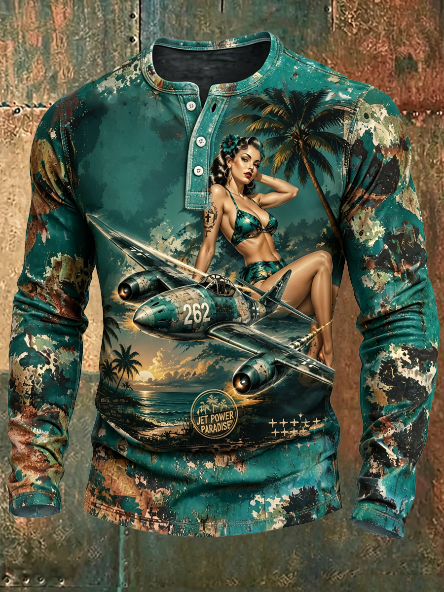 Men'S Long-Sleeve Henley T-Shirt With Palm Tree Pin-Up Girl And Camouflage Print