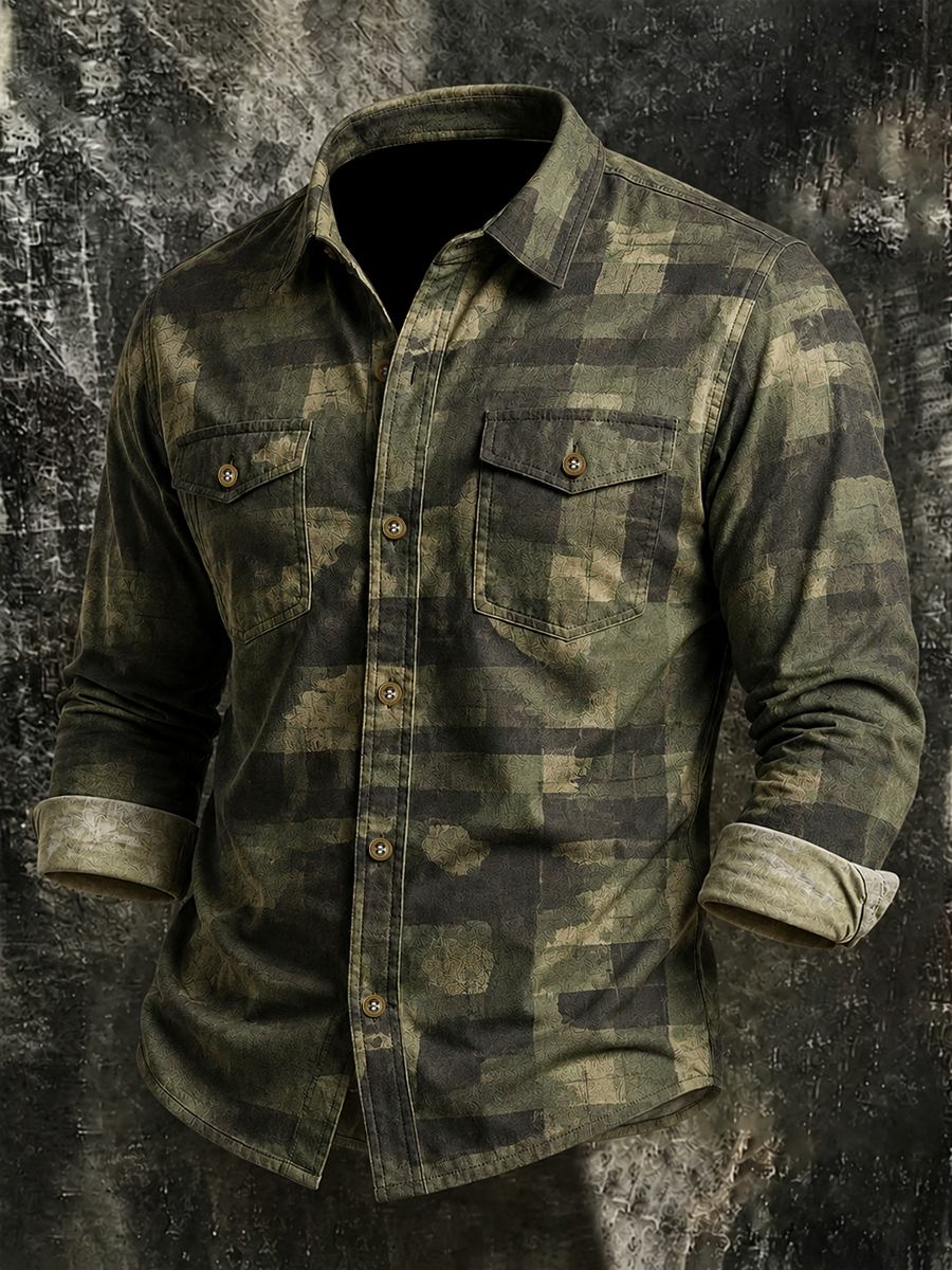 Men's Retro Color-Block Camo & Plaid Print Long-Sleeve Button-Down Shirt with Chest Pocket