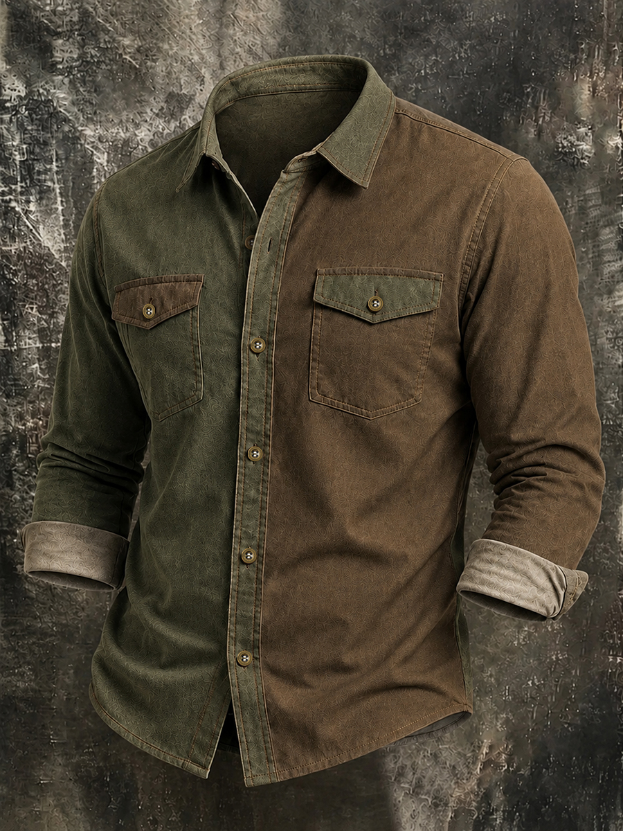 Men's Vintage Color-Block Print Long-Sleeve Button-Down Shirt with Chest Pocket