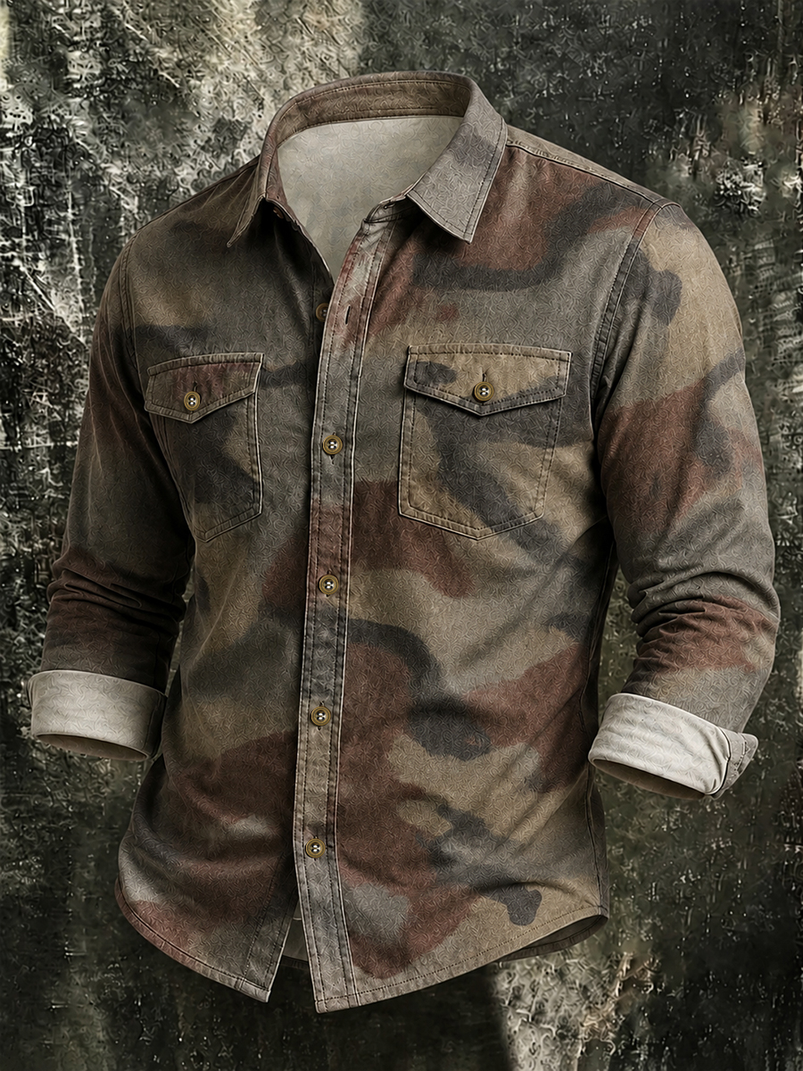 Men's Vintage Camouflage Print Long-Sleeve Button-Front Utility Shirt with Chest Pocket