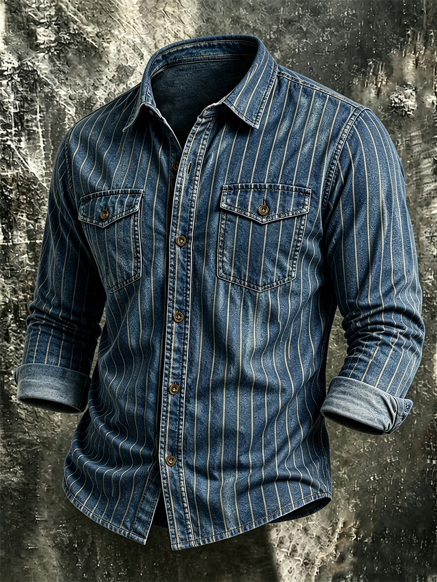 Men's Vertical Striped Print Long-Sleeve Shirt with Dual Pockets