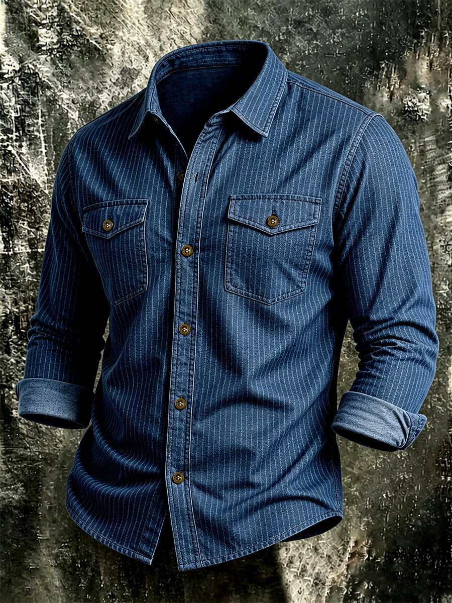 Men's Vintage Striped Long-Sleeve Workshirt with Utility Pockets