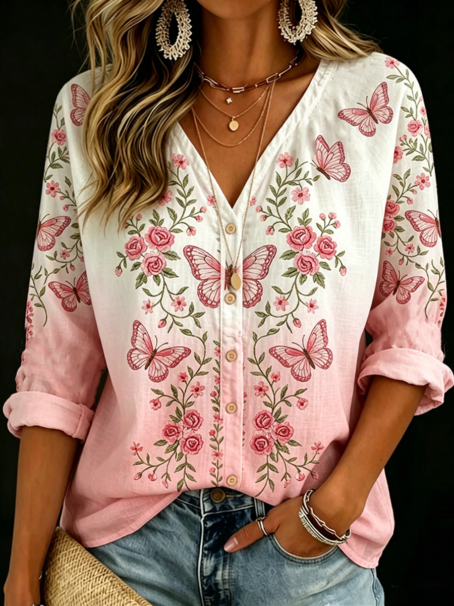 Women's Gradient Butterfly Floral V-Neck Blouse