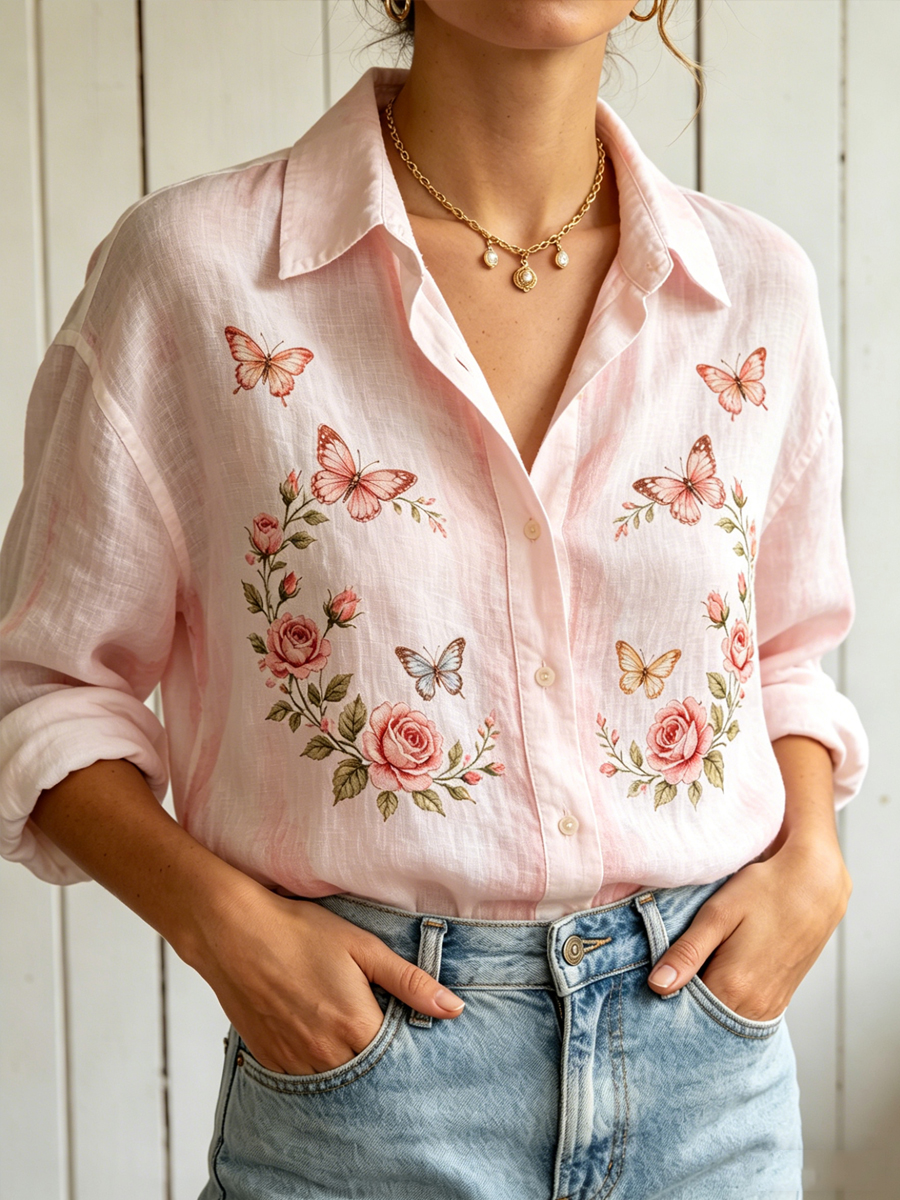 Women's Butterfly Floral Print Long-Sleeved Shirt