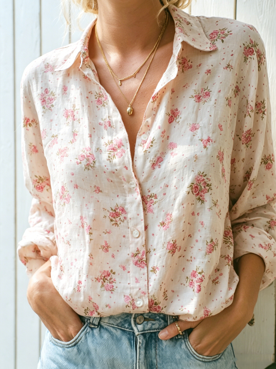 Women's Boho Ditsy Floral Print Long-Sleeved Shirt
