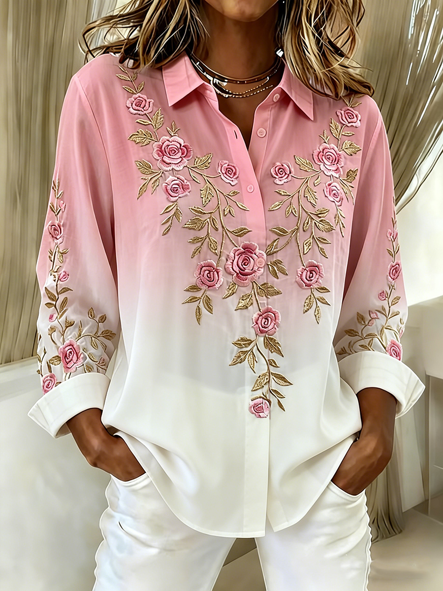 Women's Floral Gradient Button-Down Long Sleeve Shirt