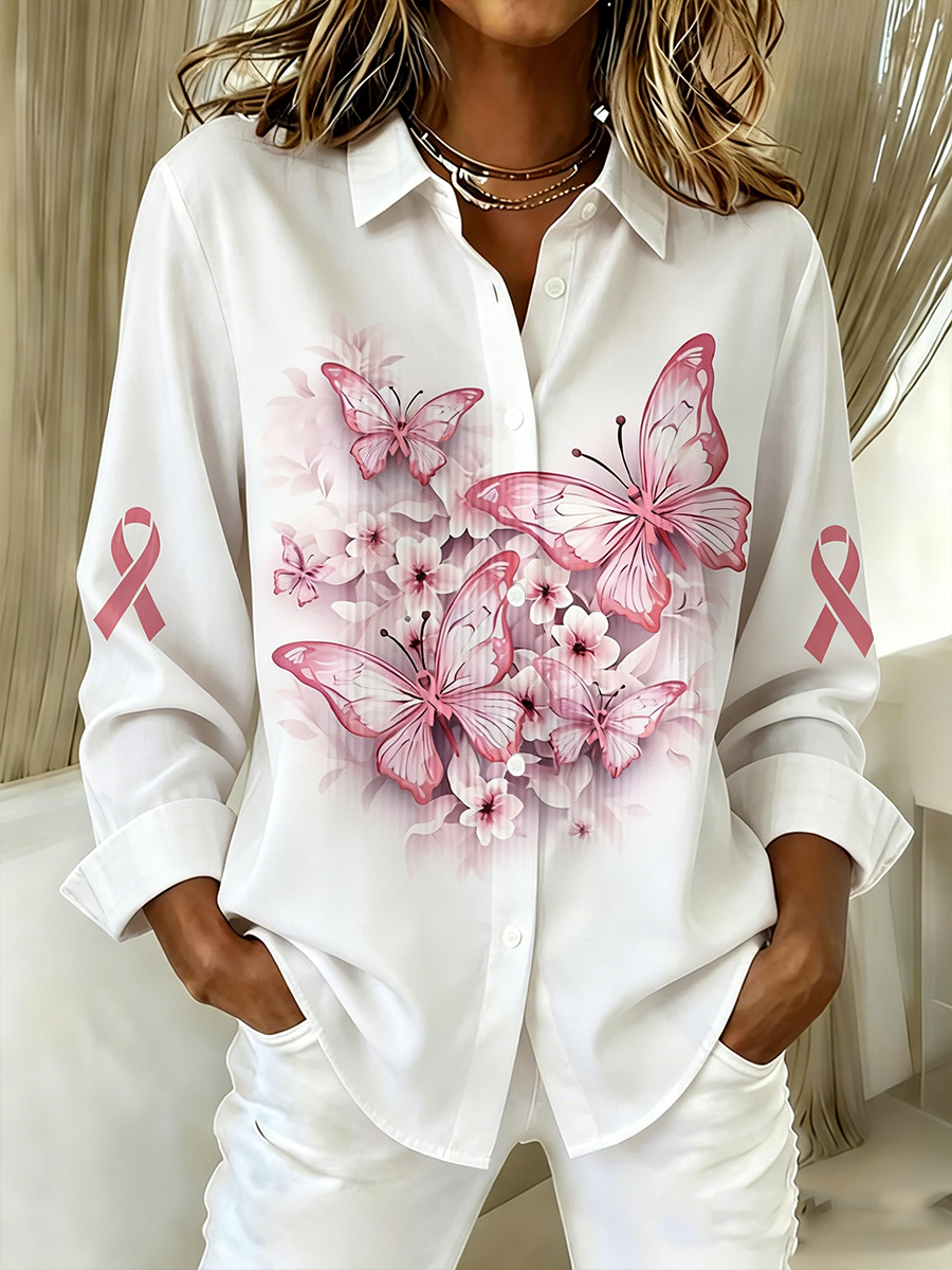 Breast Cancer Awareness Pink Ribbon Butterfly Flower Print Long Sleeve Blouse