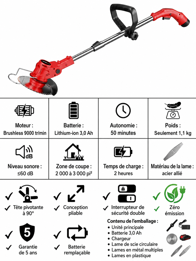 [Autonomie exceptionnelle] Tondeuse électrique pliable