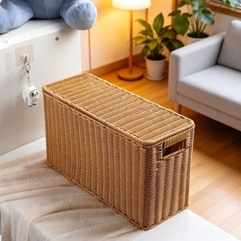 Boîte de rangement imitation rotin pour coin, haute et étroite, avec couvercle