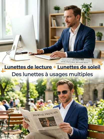 [Convient à tous les âges] Lunettes de lecture à verres photochromiques et à varifocaux sans monture