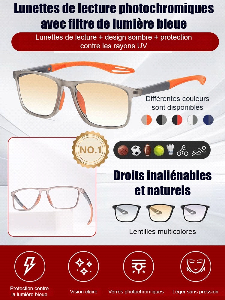 Lunettes de lecture sportives 2-en-1 anti-UV à verres photochromiques