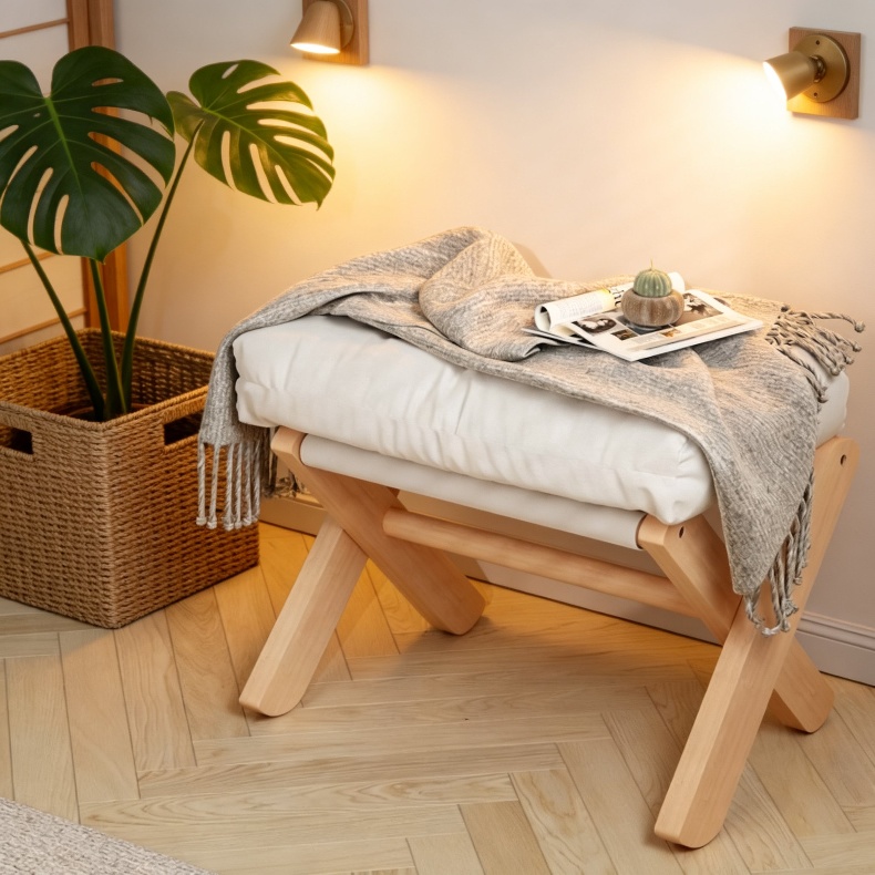 Tabouret d'entrée multifonction en bois massif avec coussin doux