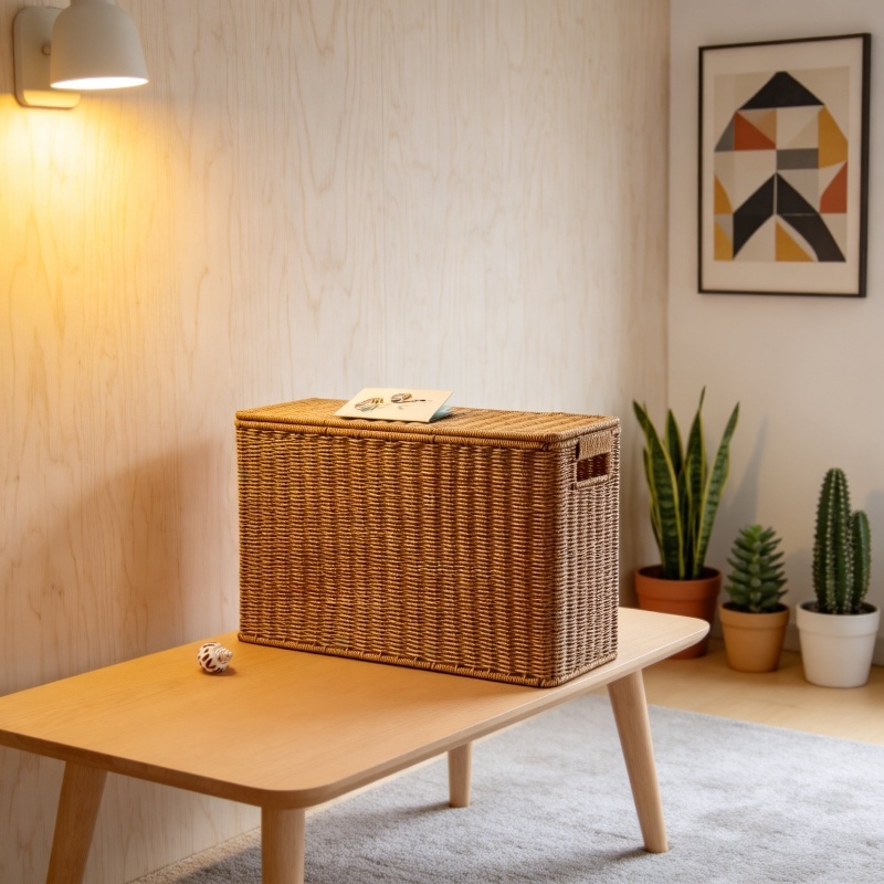 Boîte de rangement imitation rotin pour coin, haute et étroite, avec couvercle