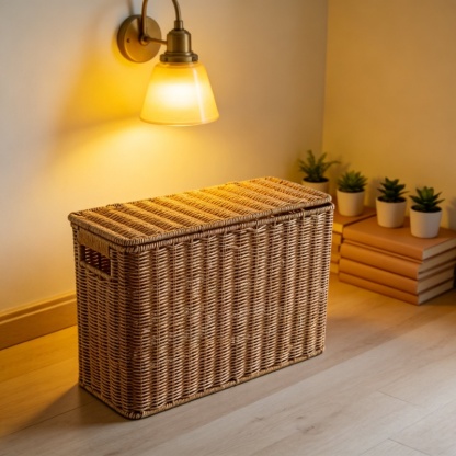 Boîte de rangement imitation rotin pour coin, haute et étroite, avec couvercle