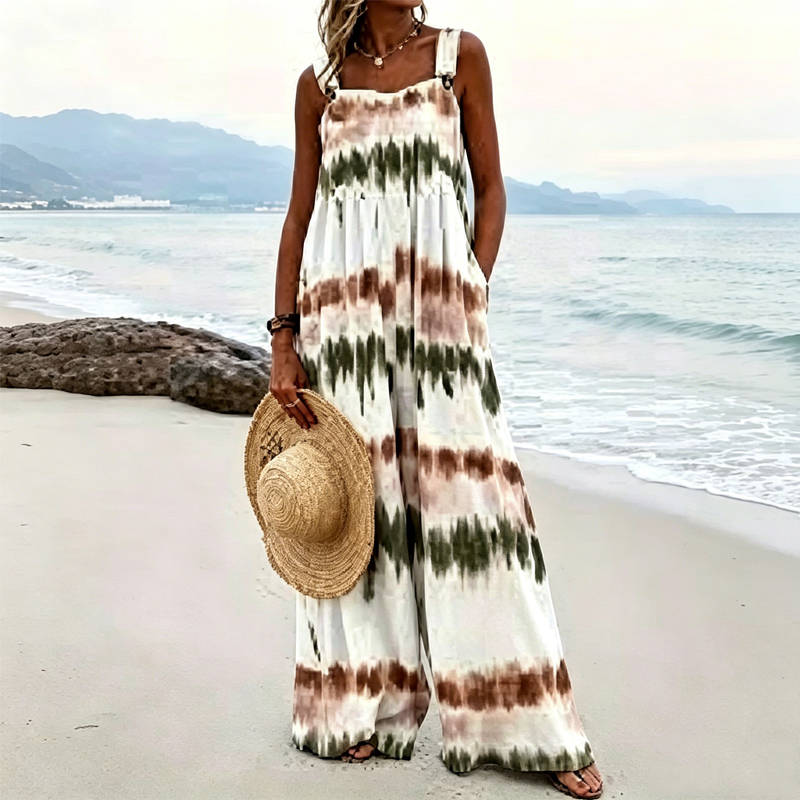 Women'S Linen Bohemian Style Art Tie-Dye Print Beach Casual Wide-Leg Overalls