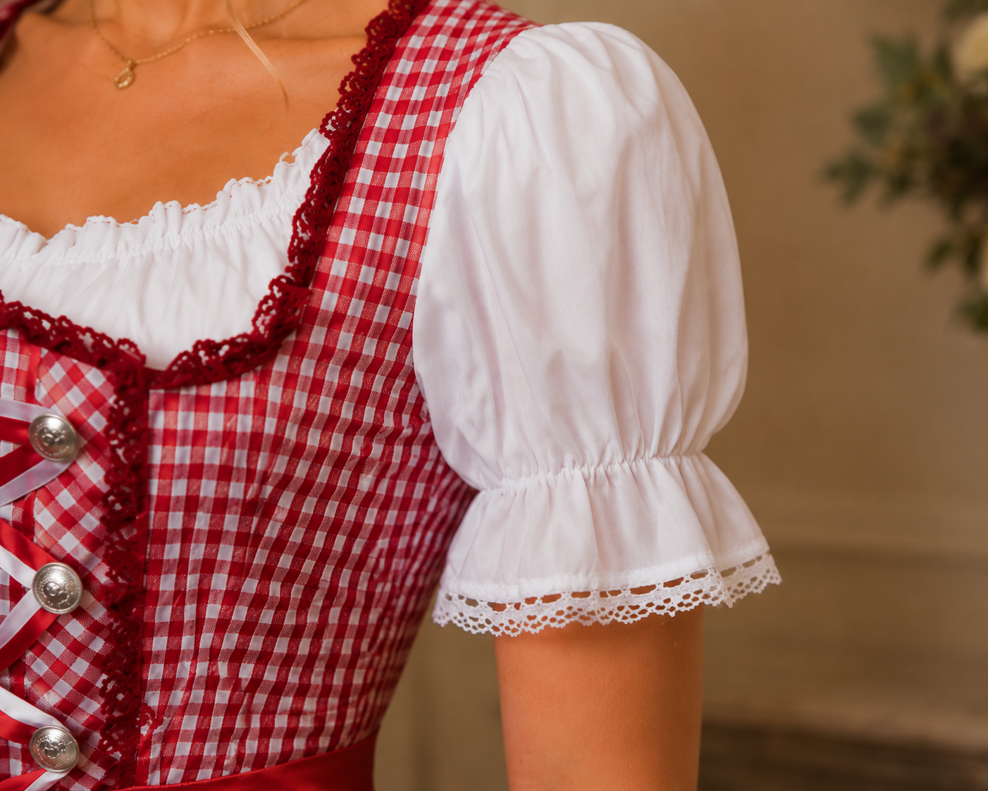 Rosalie Elegant Red Gingham Bavarian Princess Dirndl with Satin Apron – Oktoberfest Costume