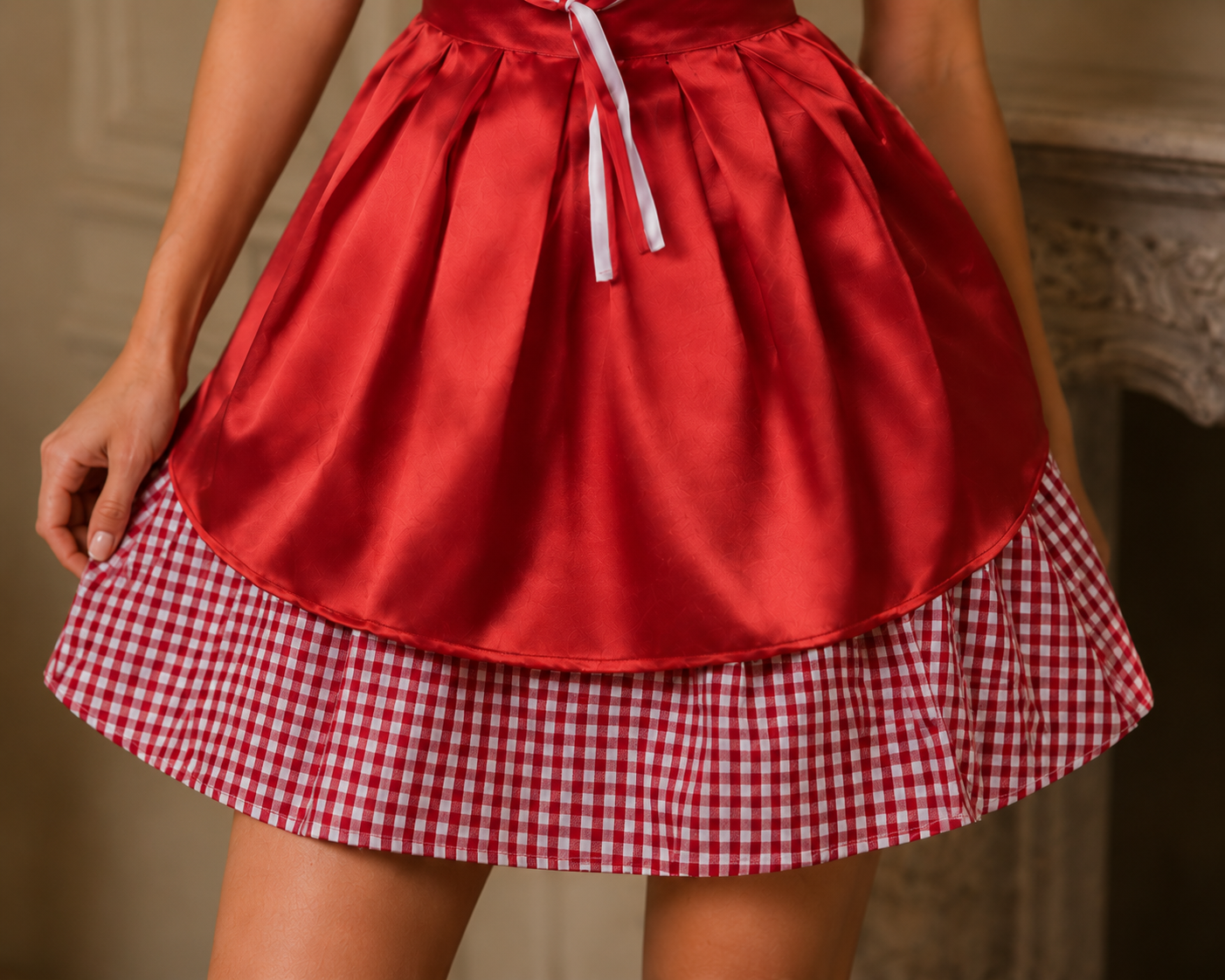 Rosalie Elegant Red Gingham Bavarian Princess Dirndl with Satin Apron – Oktoberfest Costume