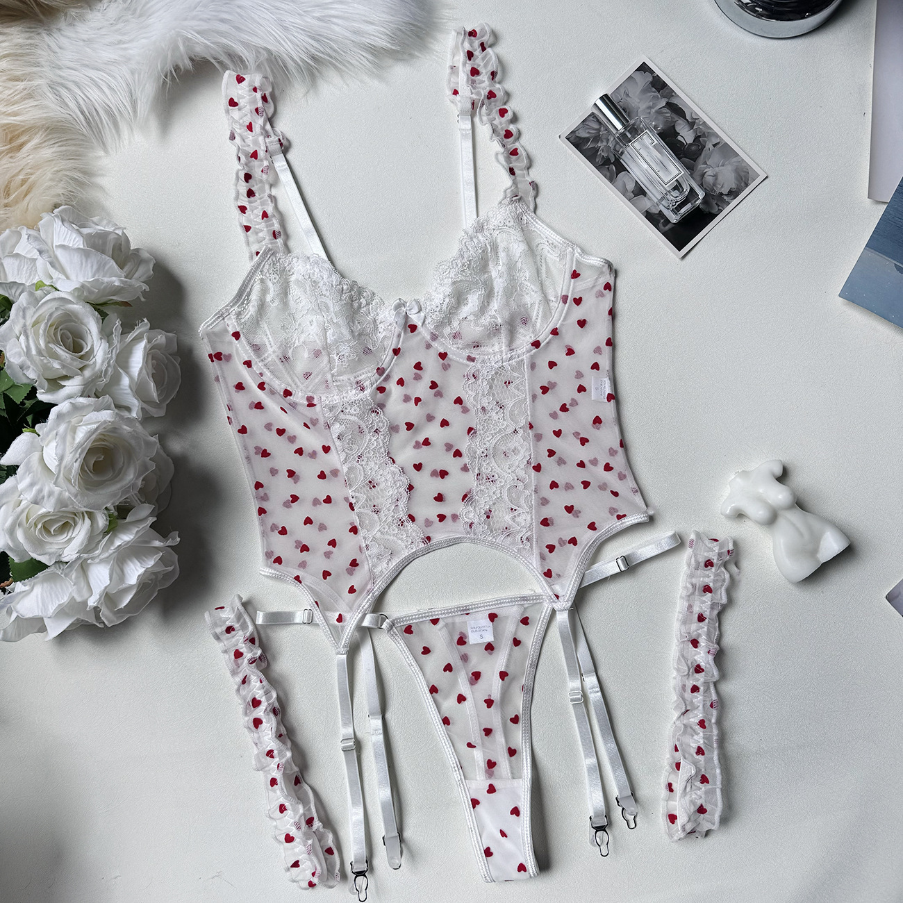 Flocked Heart 4-Piece Sexy Women's Lingerie Set
