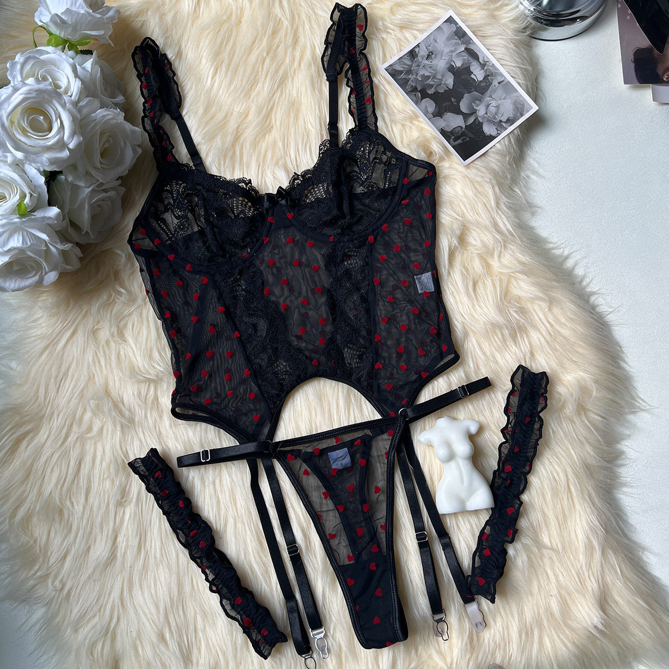Flocked Heart 4-Piece Sexy Women's Lingerie Set