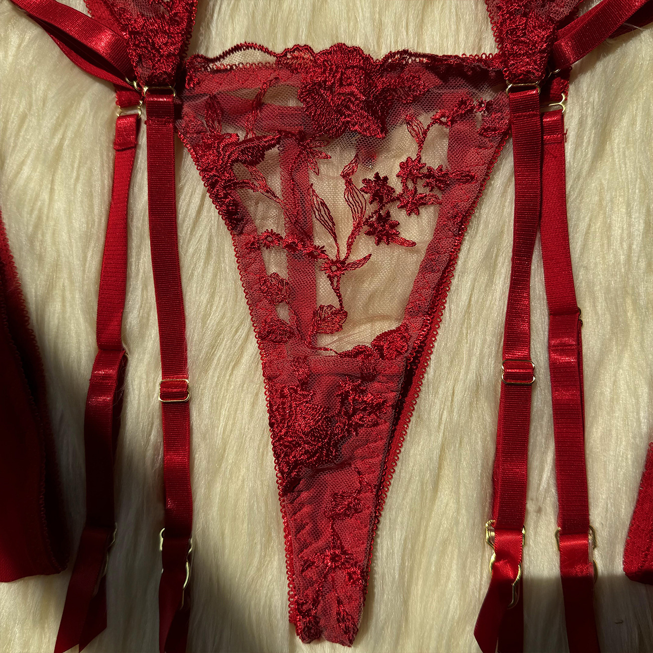 Embroidered Sexy Lingerie Three-Piece Lingerie Set with Mesh Embroidery and See-Through