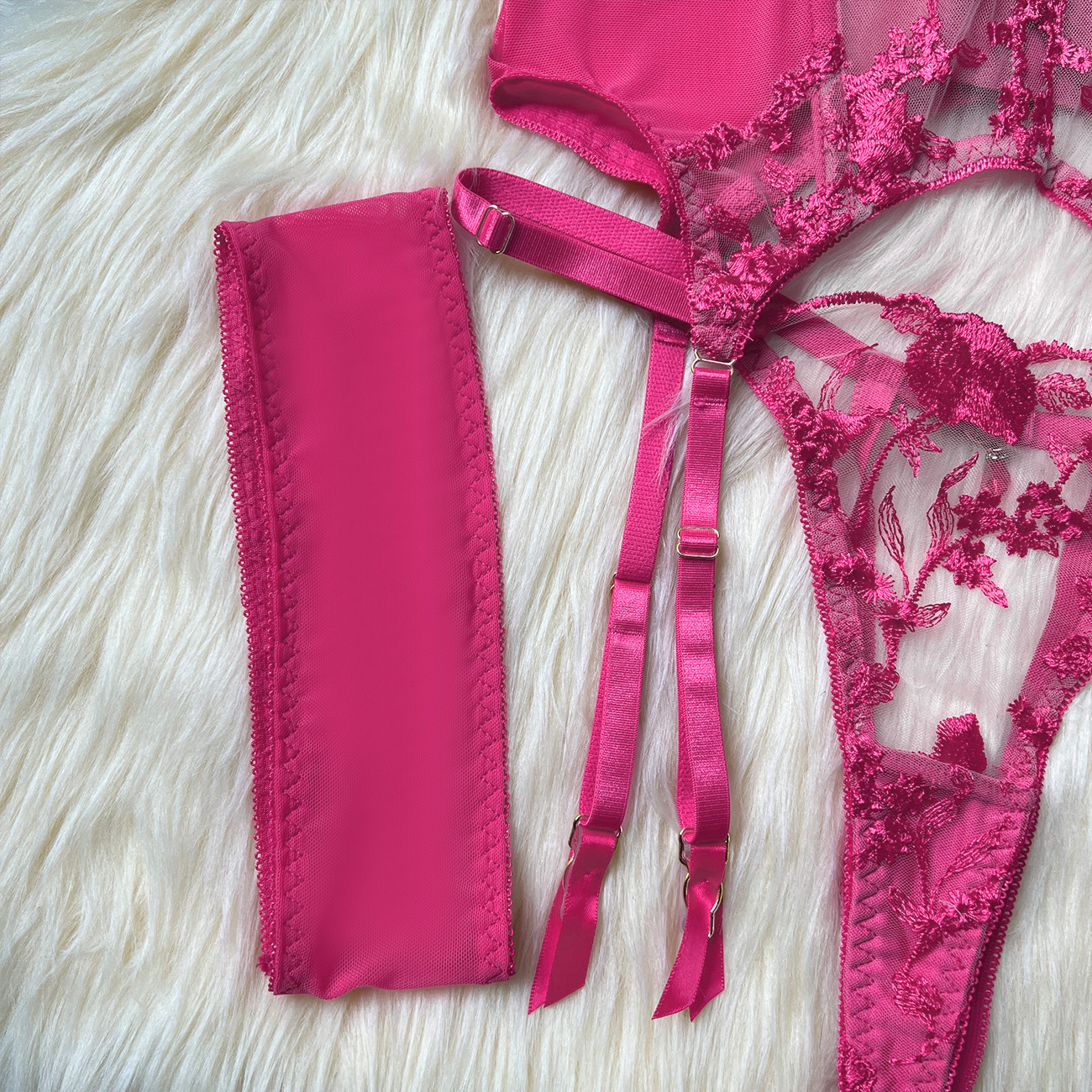 Embroidered Sexy Lingerie Three-Piece Lingerie Set with Mesh Embroidery and See-Through