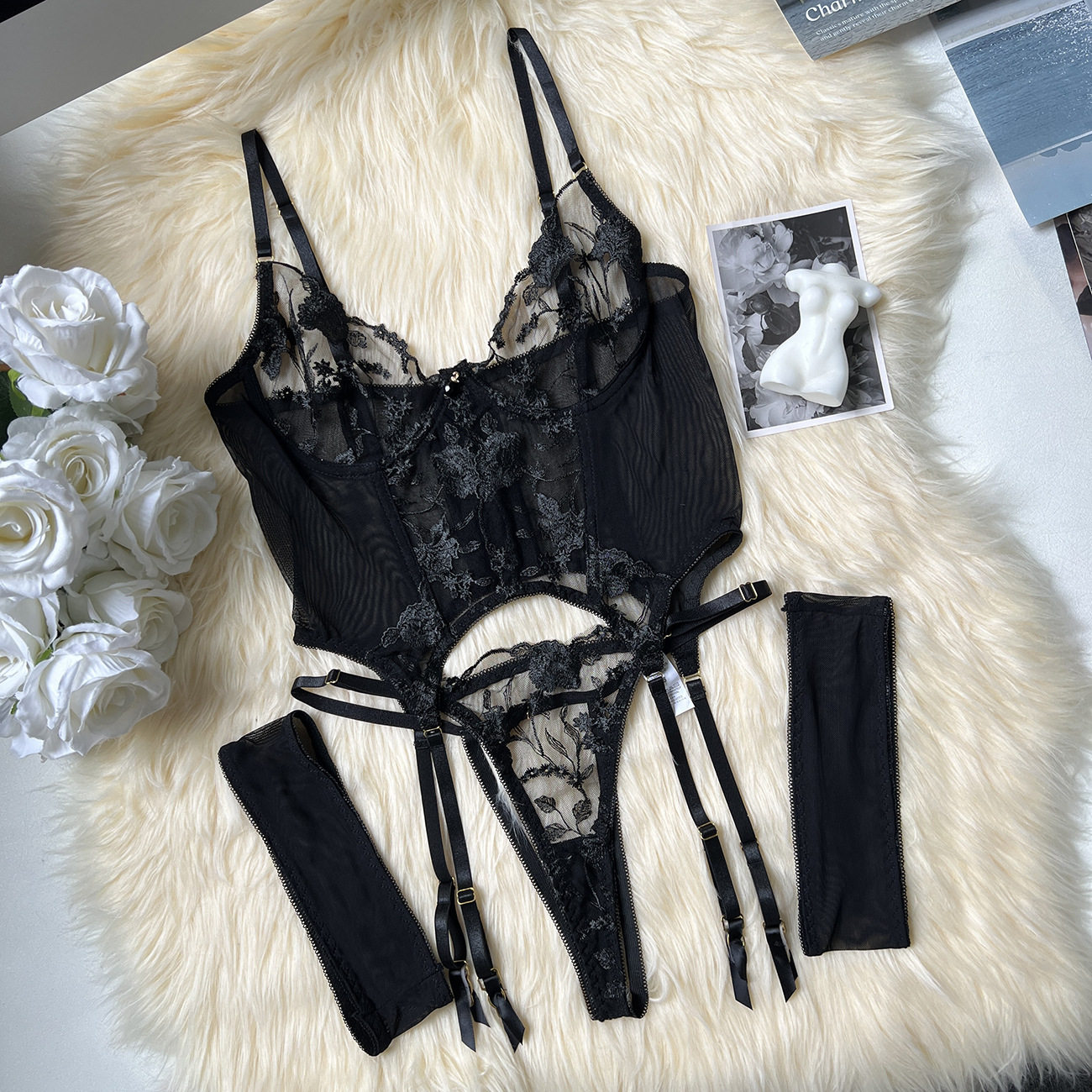 Embroidered Sexy Lingerie Three-Piece Lingerie Set with Mesh Embroidery and See-Through