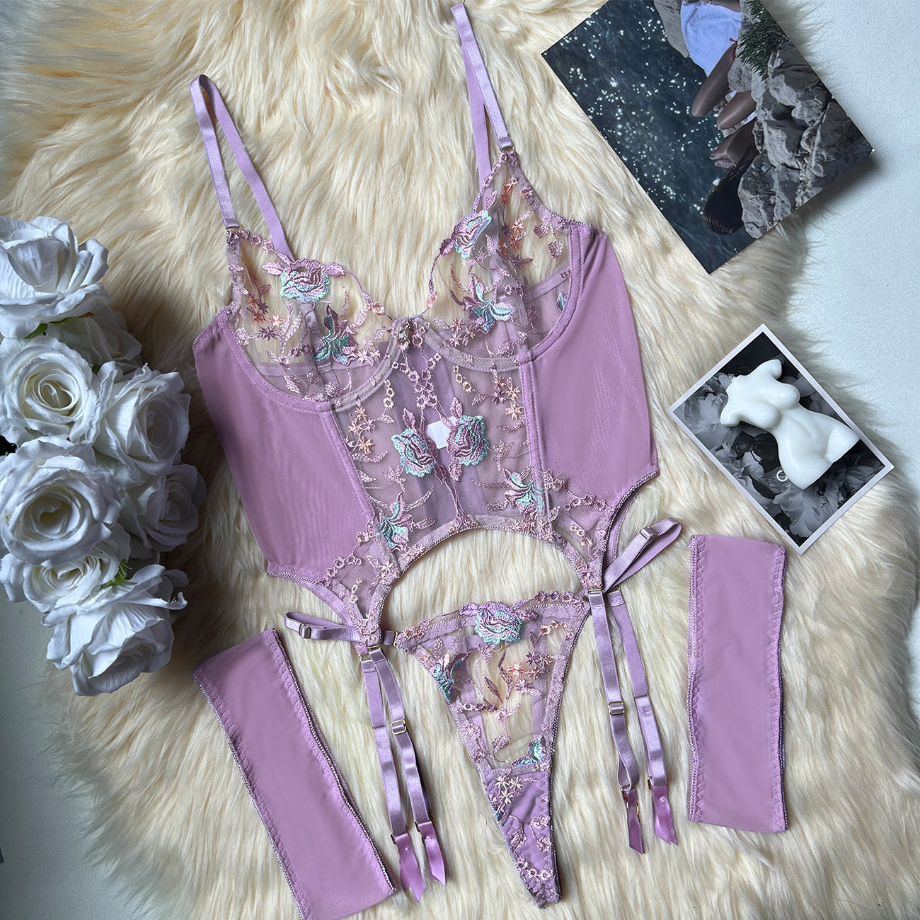 Embroidered Sexy Lingerie Three-Piece Lingerie Set with Mesh Embroidery and See-Through