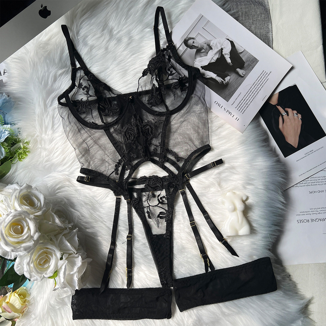 Hot Sexy Temptation Mesh Heavy Industry Embroidered Mesh 3-piece Bra Set