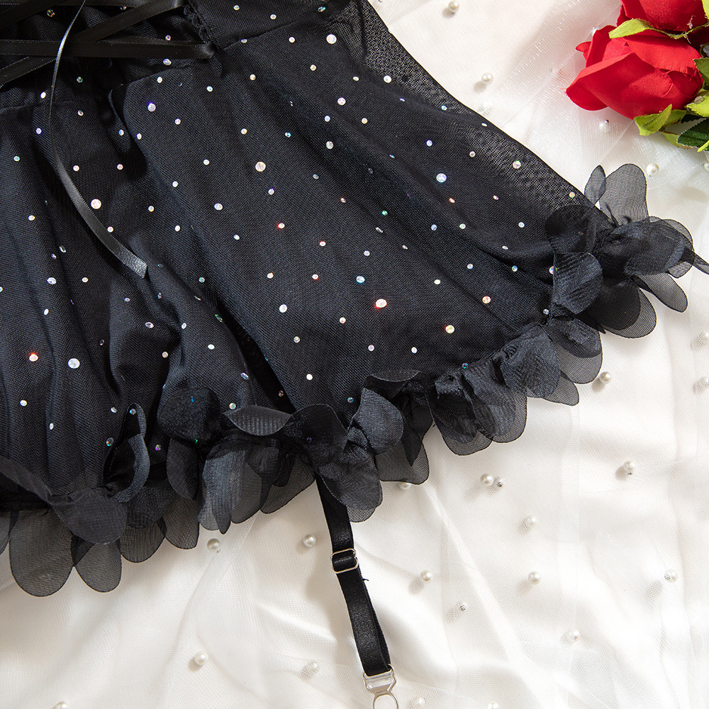 French Lace Mesh Paneled Sequin Embellished Strappy Nightgown Set Breathable Design