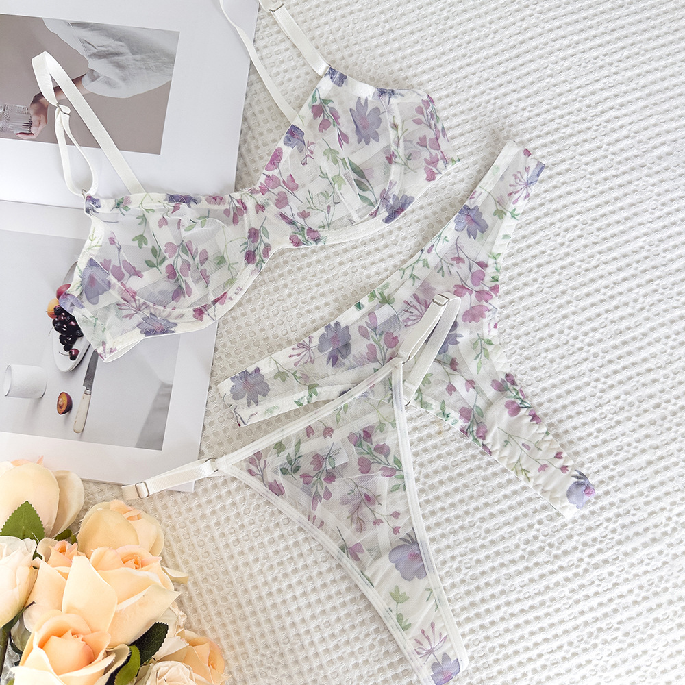 Sheer Mesh Printed Push-Up Bra and Panty Set Sexy Lingerie