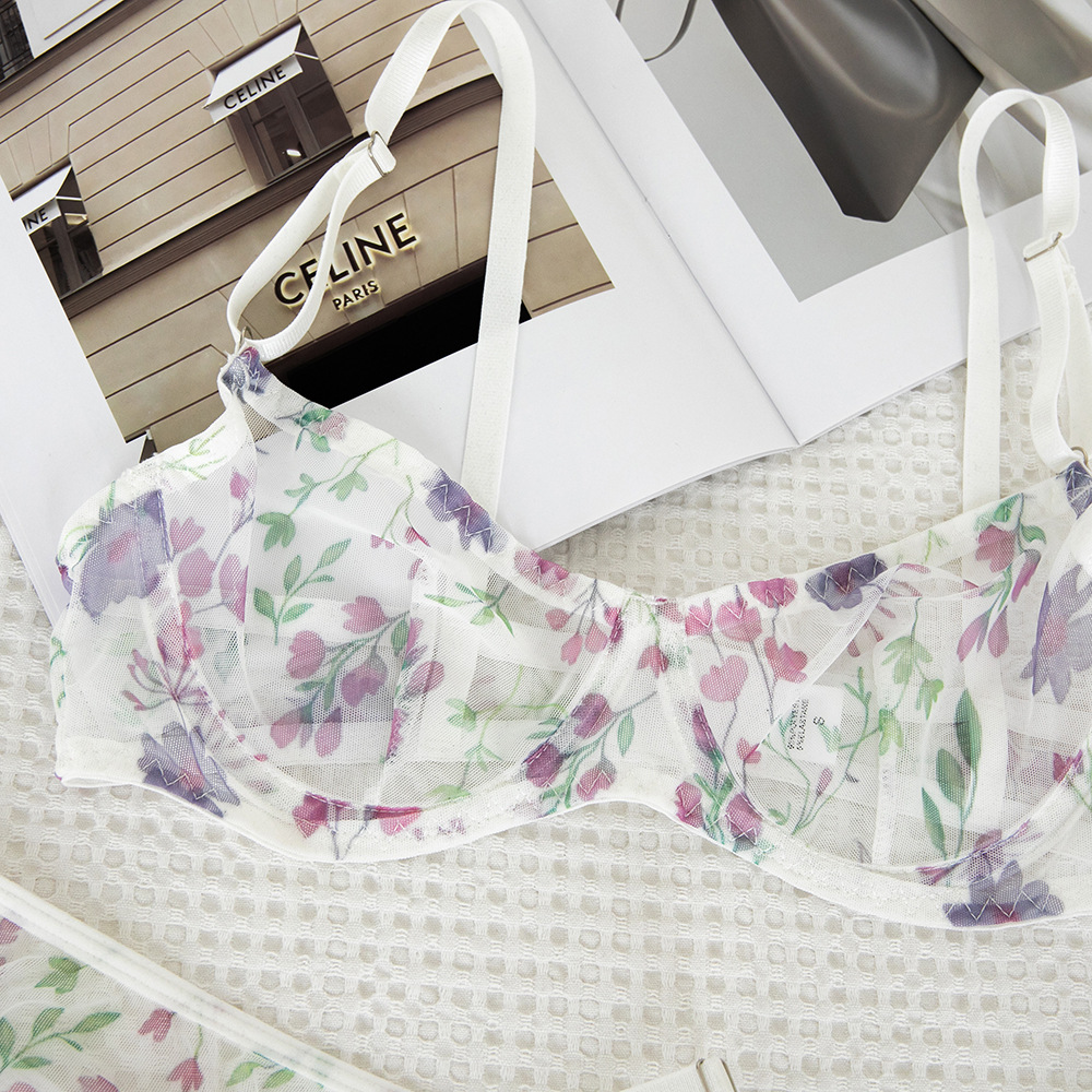 Sheer Mesh Printed Push-Up Bra and Panty Set Sexy Lingerie
