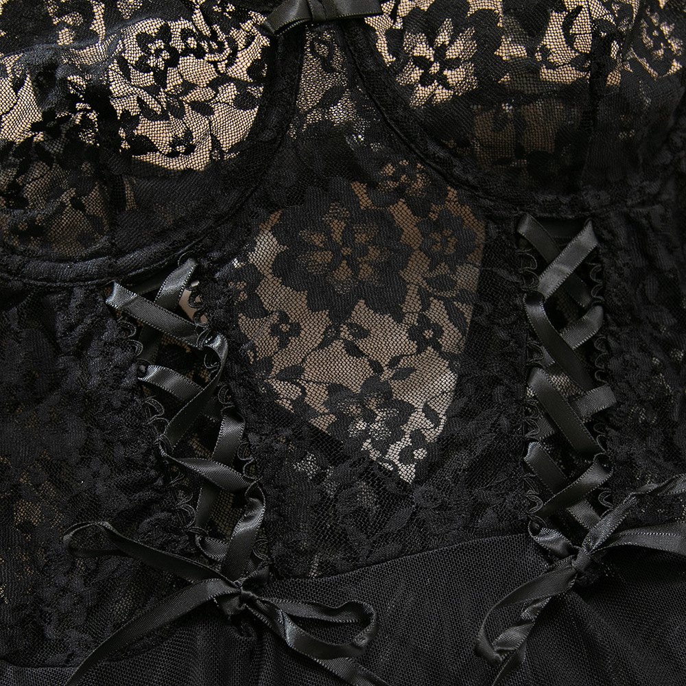 Lace Mesh Stitching Suspender Underwear Set Gathered Slim Cute with Stockings