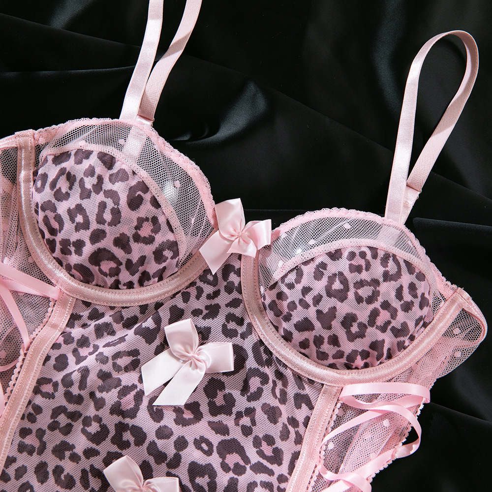 Pink Leopard Print Jumpsuit Chest Bow Tie Party Nightclub Wear