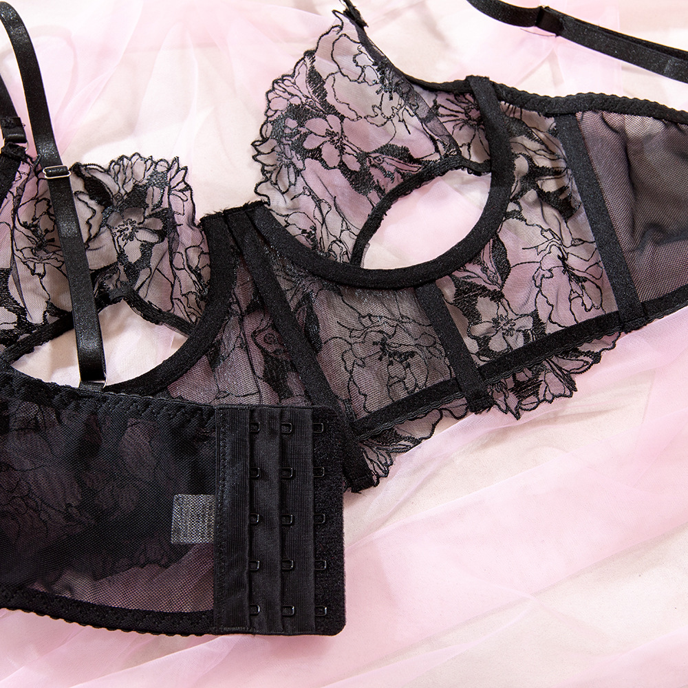 French Lace Fishbone See Through Body Shaping Vest Bra Set Sexy Lingerie