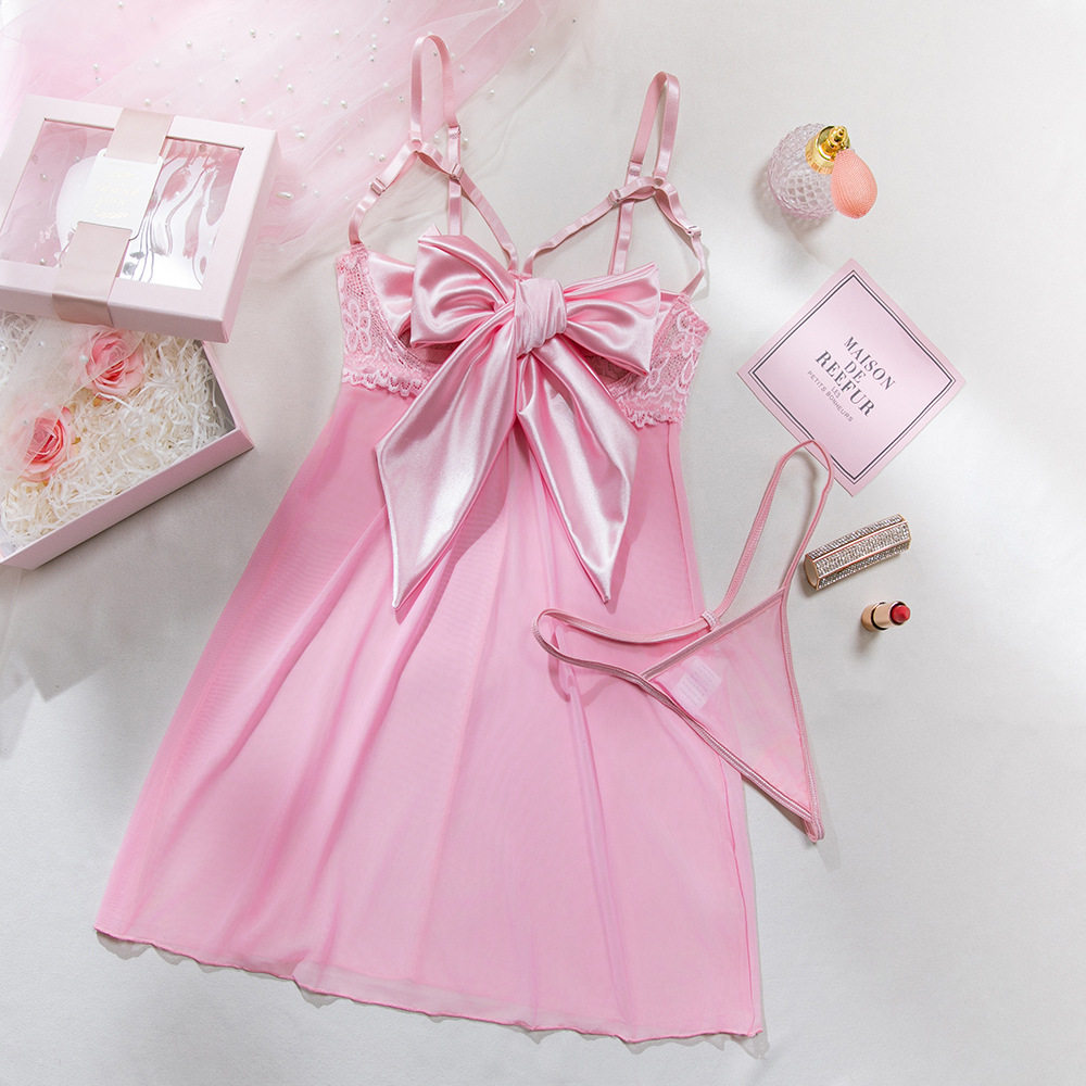 Satin Bow See-Through Mesh Lace Dress – Open Bust, Flirty Temptation