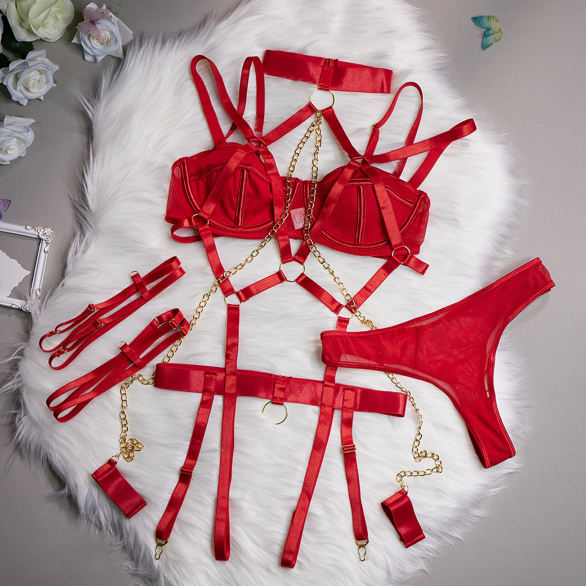 Tempting Role-Playing Chain 4-Piece Sexy Lingerie Set