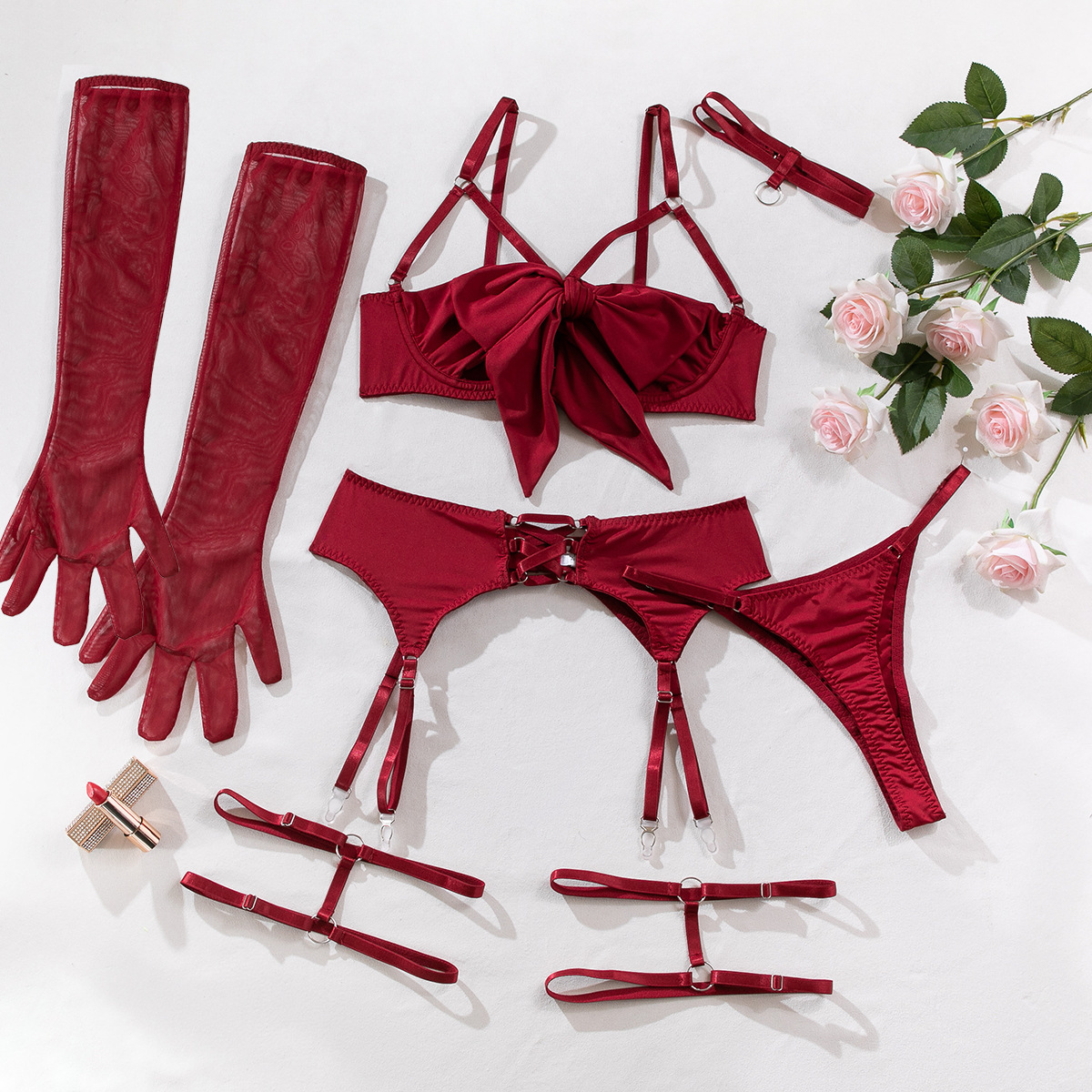 Bow Strap Open Bust 4-Piece Lingerie Set – Underwire Push-Up Bra & Gloves