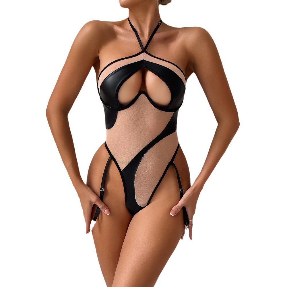 Mesh PU Leather Splicing Jumpsuit – See-Through, Halter Neck, Slim Peach Design