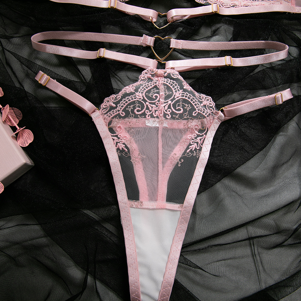 Pink Embroidered Halter Neck Lingerie Set – Sexy Gathered, Comfortable Love Design