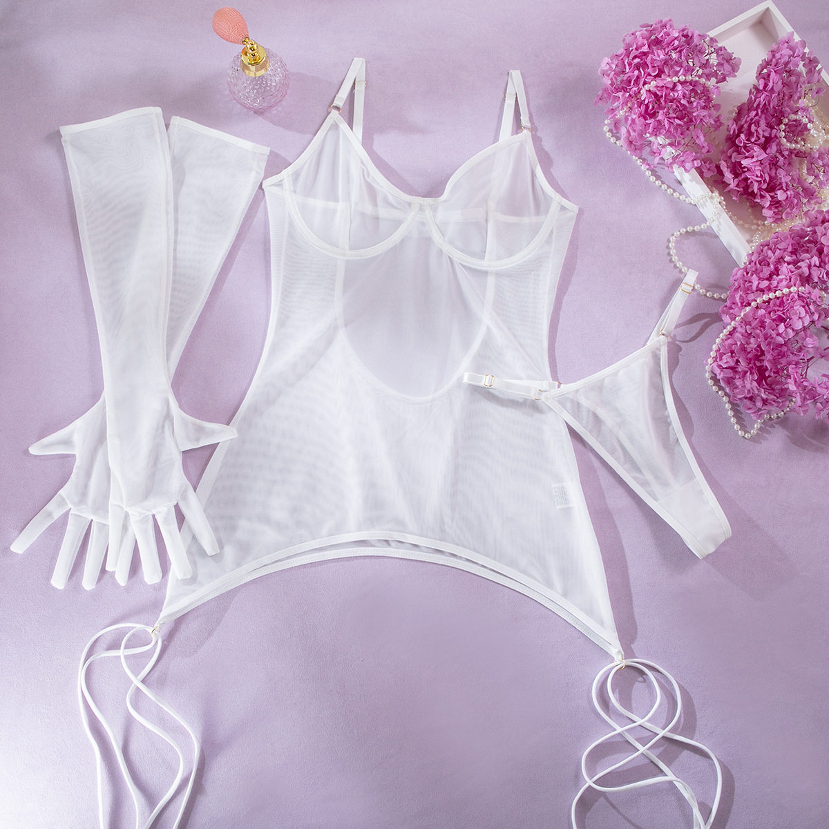 Backless See-Through Lingerie Set – Tie Ropes & Gloves, 3-Piece